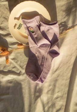 Lilac Tulip Motif Embroidered Socks