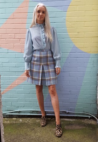 BABY BLUE & CREAM CHECK PLEATED WOOL SKIRT