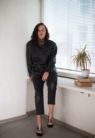 VINTAGE 70'S LEATHER BELTED AVIATOR JACKET IN BLACK