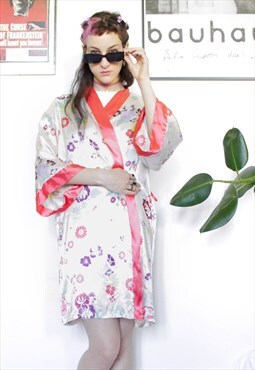 90s grunge y2k vintage cream satin floral kimono light robe