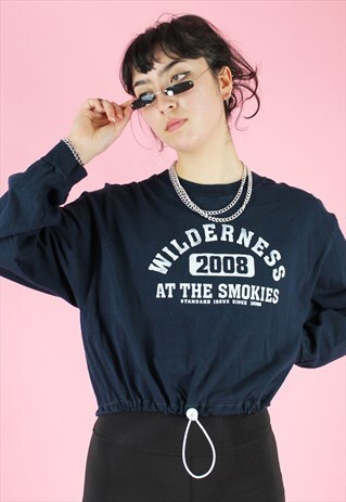 REWORKED CROP TOP IN BLUE WITH WILDERNESS PRINT LONG SLEEVED