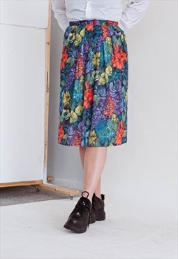 Vintage 80s Floral Pattern High Waist Midi Flare Skirt XL