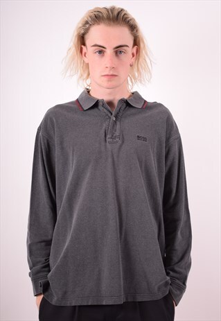 HUGO BOSS MENS VINTAGE POLO SHIRT LONG SLEEVE XL GREY 90S