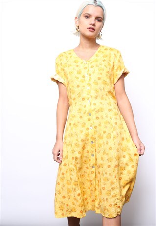 VINTAGE 90S YELLOW FLORAL PRINT BUTTON MIDI DRESS