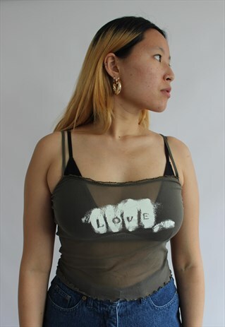 KHAKI MESH LOVE CAMI CROP TOP