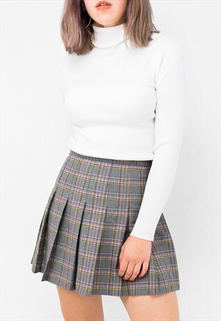 GREY TARTAN PINK YELLOW TENNIS SKIRT PLEATED MINI SKIRT