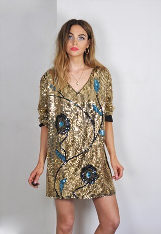 VINTAGE GOLD & BLACK SEQUIN SILK MINI DRESS