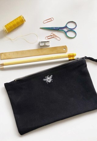 PENCIL CASE IN BLACK WITH SILVER BEE EMBROIDERY
