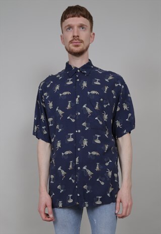 VINTAGE 90'S DESIGNER SHORT-SLEEVE NAVY COCKTAIL PRINT SHIRT