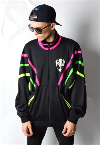 VINTAGE 90S BLACK NEON COLOUR FOOTBALL TRACK JACKET