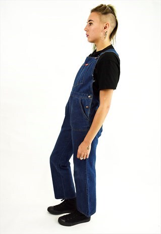 VINTAGE 90S BLUE DENIM AWKWARD LENGTH KICK FLARE DUNGAREES
