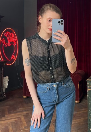 BLACK POLKA DOT SHEER SLEEVELESS BLOUSE, SEE THROUGH BLOUSE