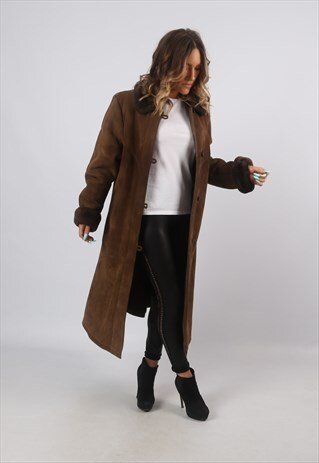 SHEEPSKIN SUEDE SHEARLING LONG COAT JACKET UK 12 (8BN)