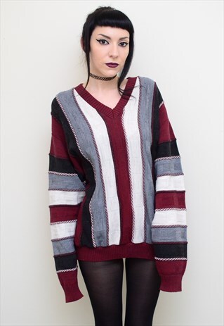 VINTAGE 90'S GRUNGE STRIPED PATTERNED CHUNKY KNIT JUMPER