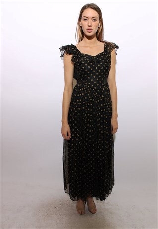 VINTAGE 1940'S 40'S BLACK & GOLD BALL GOWN EVENING MAXI XS-S