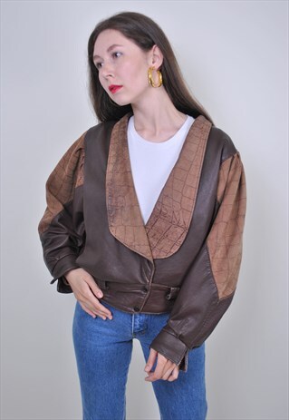 80S BROWN LEATHER BOMBER JACKET, VINTAGE GRUNGE JACKET