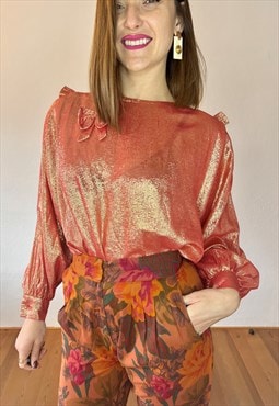 1970's vintage coral and gold metallic blouse with bows