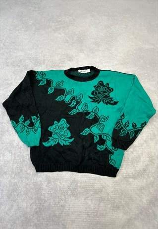 VINTAGE KNITTED JUMPER ABSTRACT FLOWER PATTERNED KNIT