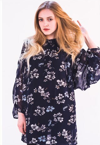 NAVY BLUE MULTI FLORAL PRINT CHIFFON MAXI FLOWY SHIRT DRESS