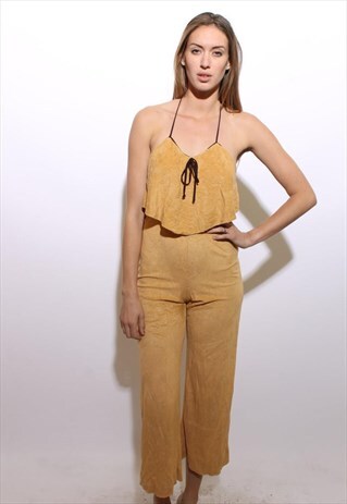 VINTAGE 1970'S 70'S TAN VELOUR WIDE LEG HALTER JUMPSUIT XS-S