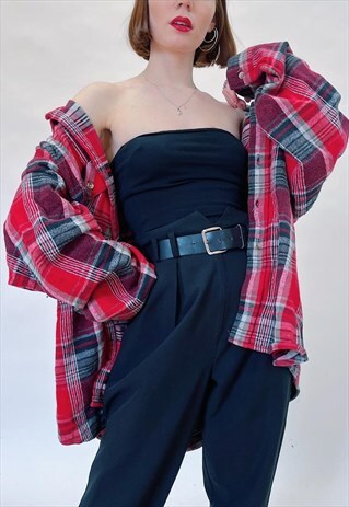 90S VINTAGE RED TARTAN CHECKED FLANNEL SHIRT