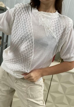 Vintage 80s Milkmaid round neck applique knitted blouse top