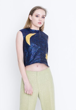 VINTAGE BLUE SHINY RETRO CROP TOP
