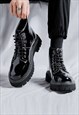 SHINY PLATFORM BOOTS CHUNKY SOLE ANKLE SHOES IN BLACK