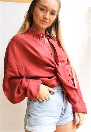 RUSSET RED PURE SILK LONG SLEEVED BOYFRIEND SHIRT