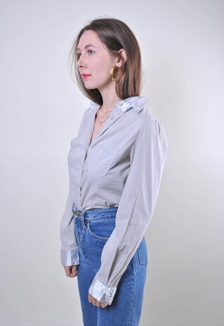 VINTAGE WOMEN GREY SECRETARY BLOUSE FOR WORK