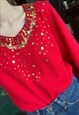 RED ANGORA SWEATER WITH EMBROIDERY