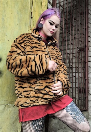 REGULAR FIT THIN LEOPARD FLEECE ZIP UP JACKET ANIMAL BOMBER