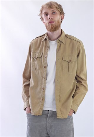 VINTAGE MENS POLO MILITARY LINEN LONG SLEEVE CAMEL SHIRT