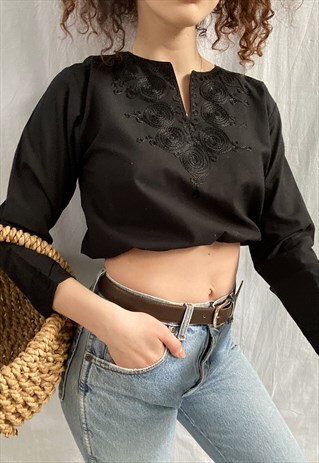 VINTAGE 90S REWORKED BOHO MILKMAID PRAIRIE BLOUSE CROP TOP