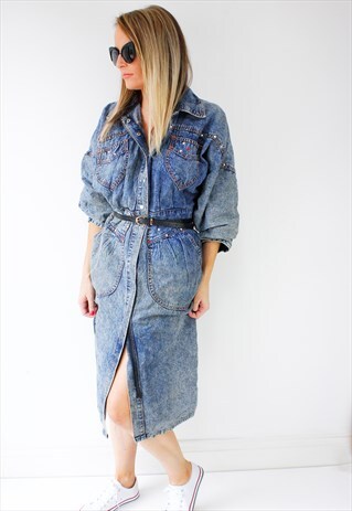 VINTAGE 80'S ACID WASH DENIM STUDDED MIDI SHIRT DRESS