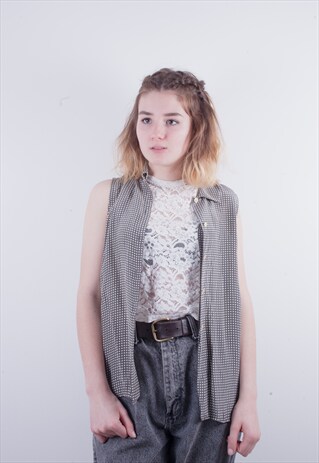 VINTAGE CHECK PRINT SLEEVELESS SILK SHIRT