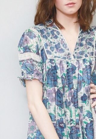 VINTAGE 1970'S AMAZING FLORAL PRINT INDIAN COTTON DRESS