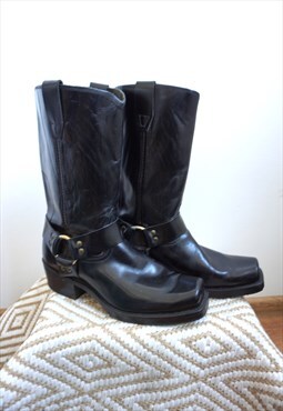 Vintage Black Genuine Leather Cowboy Western Boots Shoes