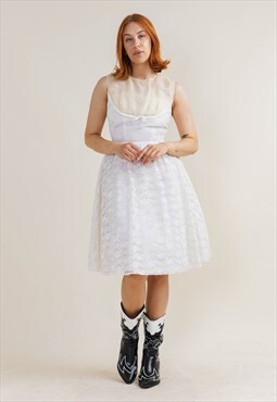 Vintage 50s Sleeveless Lace Midi Tutu Wedding Dress S