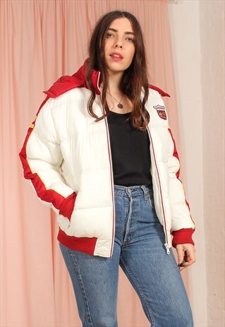 VINTAGE 90S PUFFER JACKET IN WHITE & RED