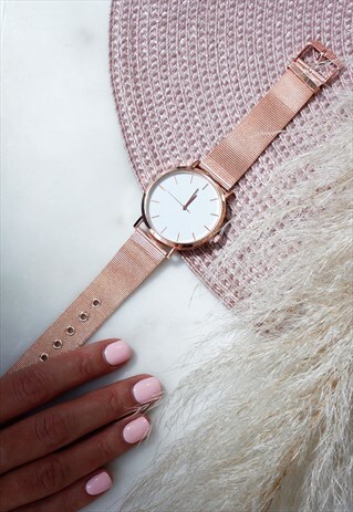 WHITE FACE ROSE GOLD METAL MESH STRAP WATCH