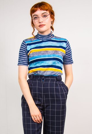 VINTAGE 70'S BLUE STRIPED KNIT HIGH NECK RIBBED TOP