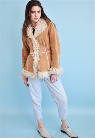 90'S RETRO REAL SUEDE & FAUX FUR SHERPA SHEARLING JACKET