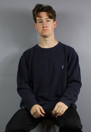 VINTAGE YSL CABLE KNIT SWEATSHIRT IN NAVY BLUE WITH EMBROIDE