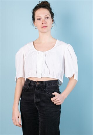 VINTAGE 1970S BOHO CROP PUFFED PEASANT BLOUSE WHITE