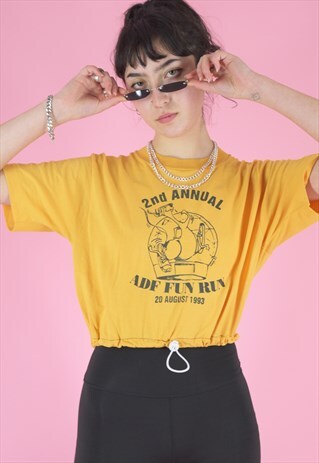 VINTAGE 90S REWORKED CROP TOP YELLOW WITH '93 FUN RUN PRINT