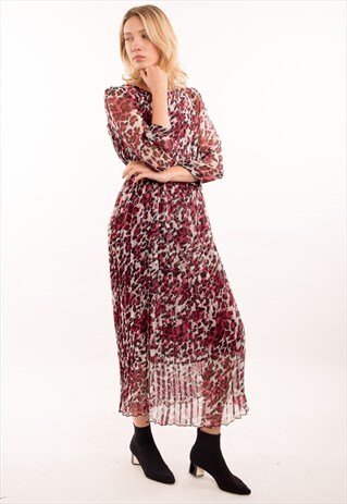 ANIMAL LEOPARD PRINT PLEATED LONG SLEEVES MAXI DRESS