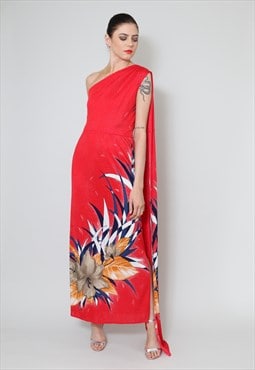 70's Vintage One Shoulder Floral Maxi Dress With Train Red 