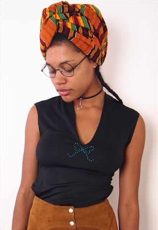 BLACK V NECK TOP WITH BOW CRYSTALS