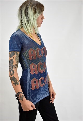 VINTAGE AC/DC SHEER BURN-OUT SKINNY FIT TEE W/REPEAT LOGO
